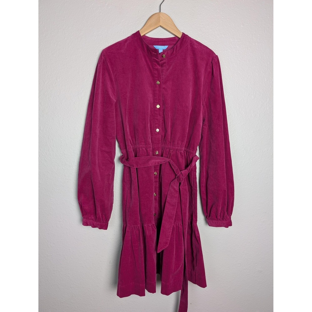 Draper James Shirt Dress Womens L Pink Corduroy Belted Balloon Sleeve Button